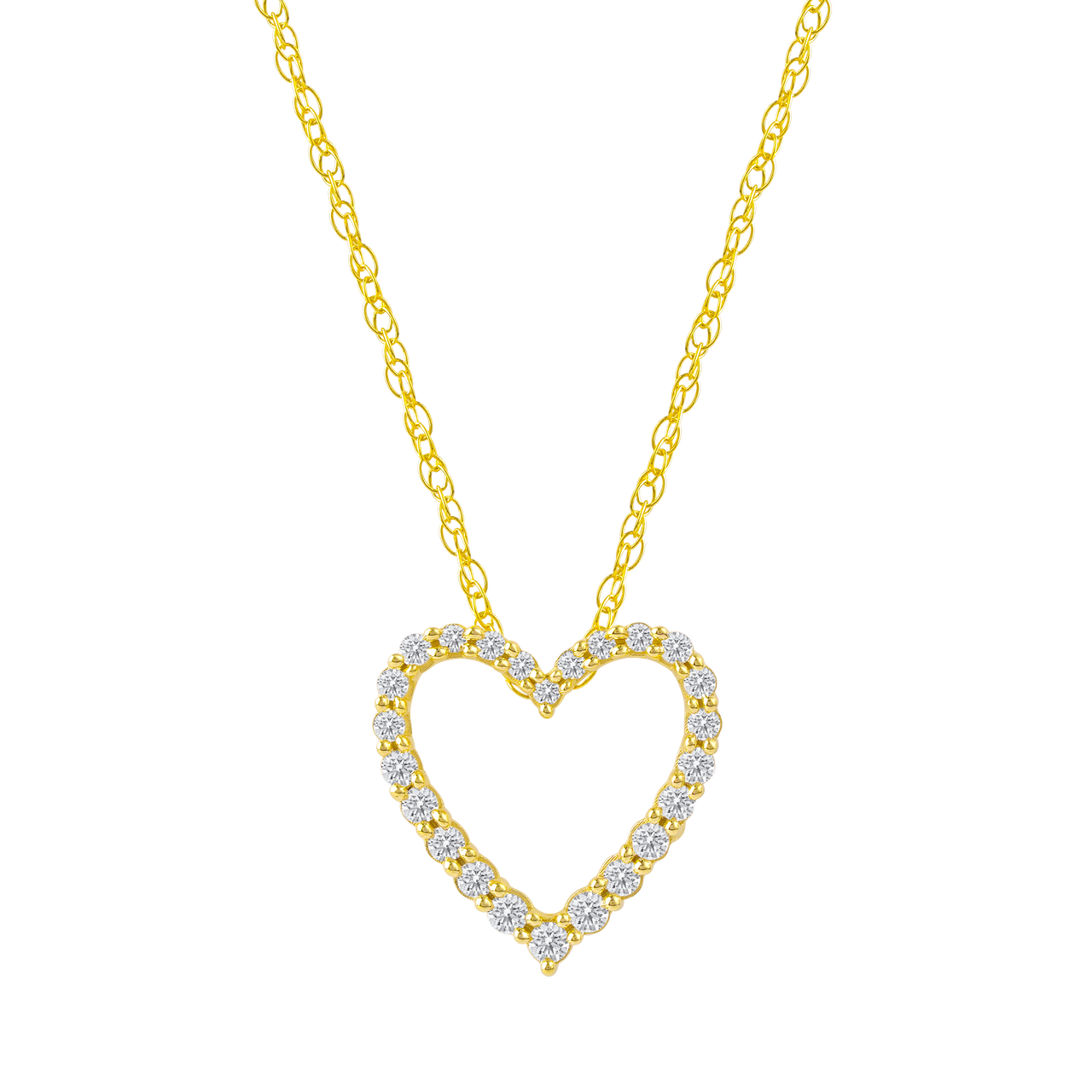 Zoomed in front view of a petite diamond heart pendant necklace in yellow gold, featuring a smaller open-heart design outlined with sparkling diamonds.