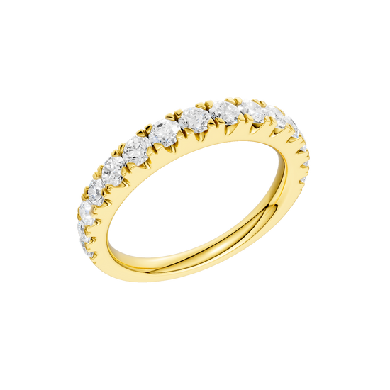 A sophisticated 14k yellow gold wedding band featuring 0.75 total carats of round-cut lab-grown diamonds in a classic 2/3 eternity setting.