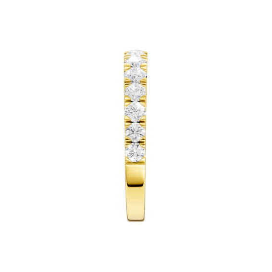 A sophisticated 14k yellow gold wedding band featuring 0.75 total carats of round-cut lab-grown diamonds in a classic 2/3 eternity setting.