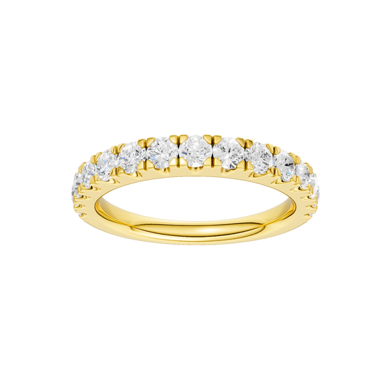 A sophisticated 14k yellow gold wedding band featuring 0.75 total carats of round-cut lab-grown diamonds in a classic 2/3 eternity setting.