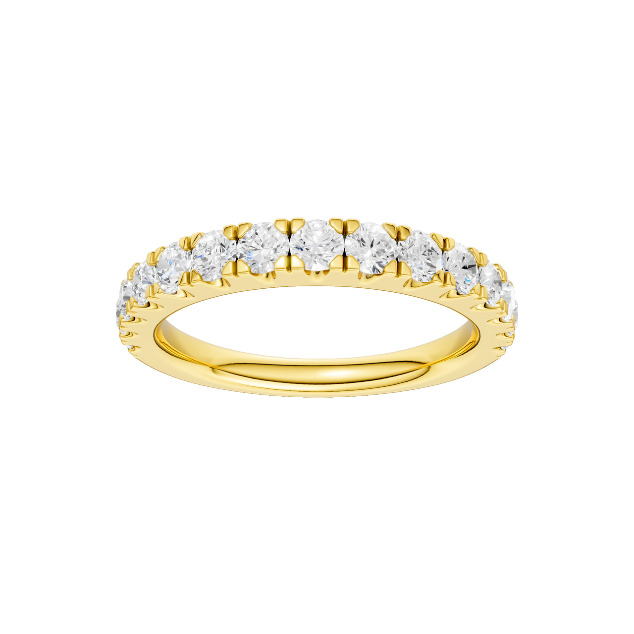 A sophisticated 14k yellow gold wedding band featuring 0.75 total carats of round-cut lab-grown diamonds in a classic 2/3 eternity setting.