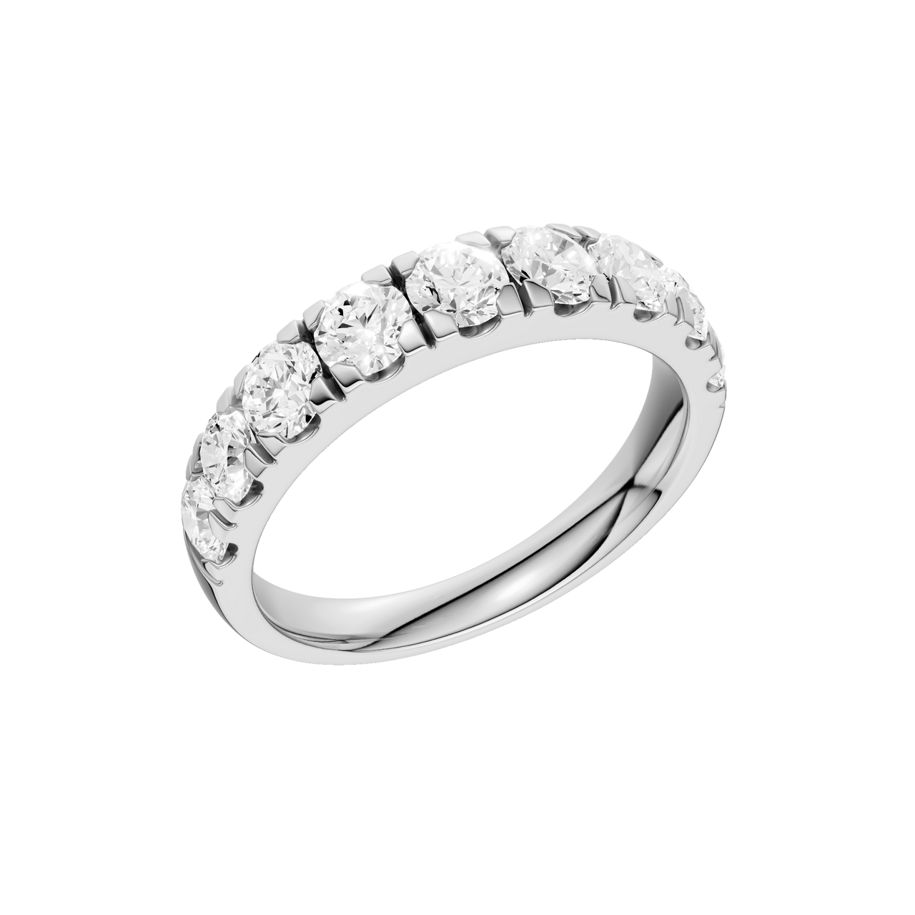 A modern 14k white gold channel-set ring showcasing a continuous row of premium round-cut lab-grown diamonds.