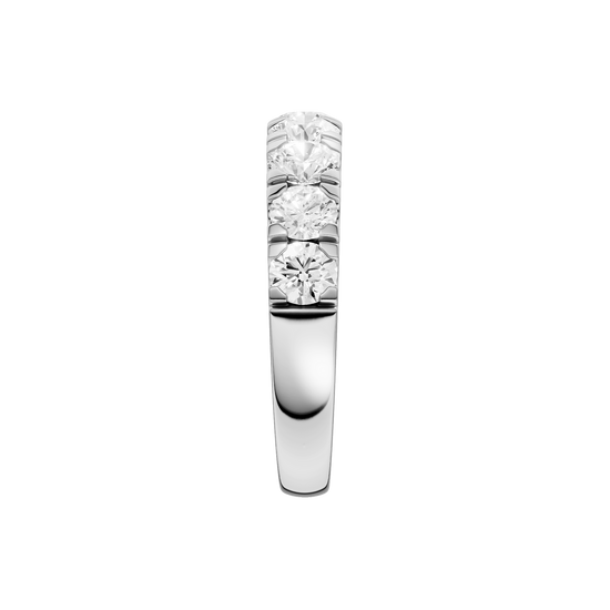 A modern 14k white gold channel-set ring showcasing a continuous row of premium round-cut lab-grown diamonds.