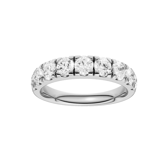 A modern 14k white gold channel-set ring showcasing a continuous row of premium round-cut lab-grown diamonds.