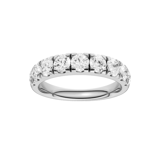 A modern 14k white gold channel-set ring showcasing a continuous row of premium round-cut lab-grown diamonds.