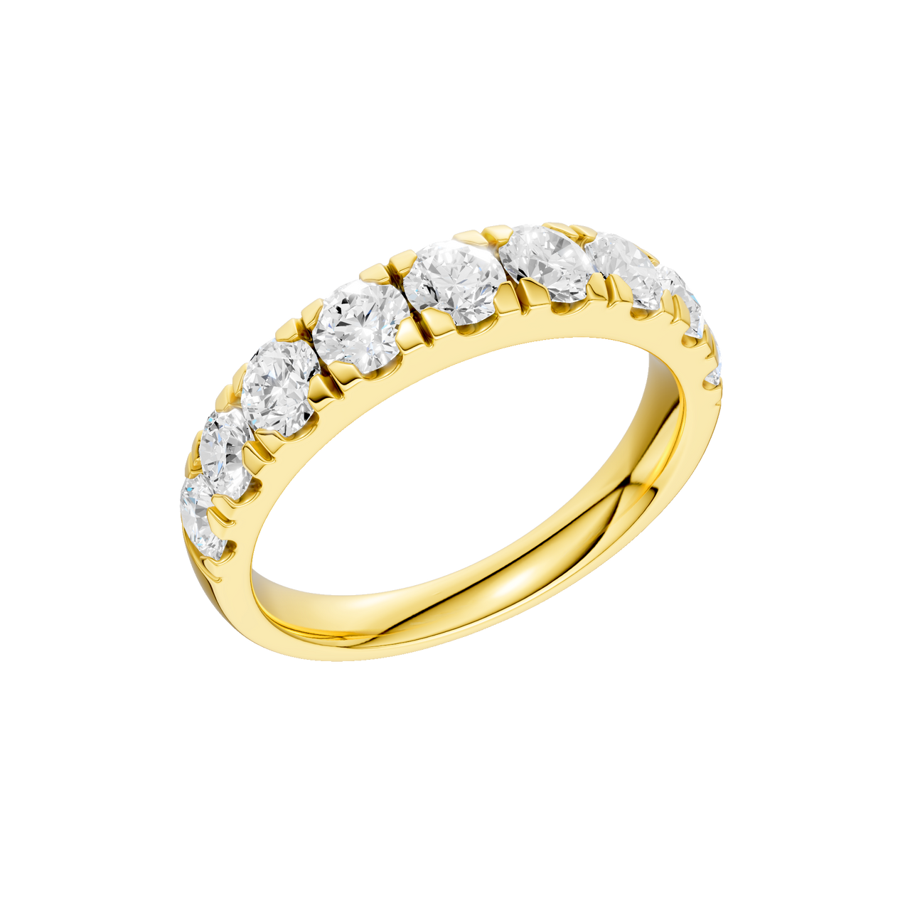 A sleek 14k yellow gold wedding band featuring 1.5 total carats of round-cut lab-grown diamonds in a secure channel-set 2/3 eternity style.