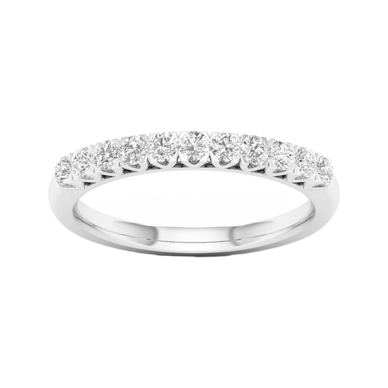 A refined 14k white gold half eternity ring showcasing a shimmering row of premium round-cut lab-grown diamonds.