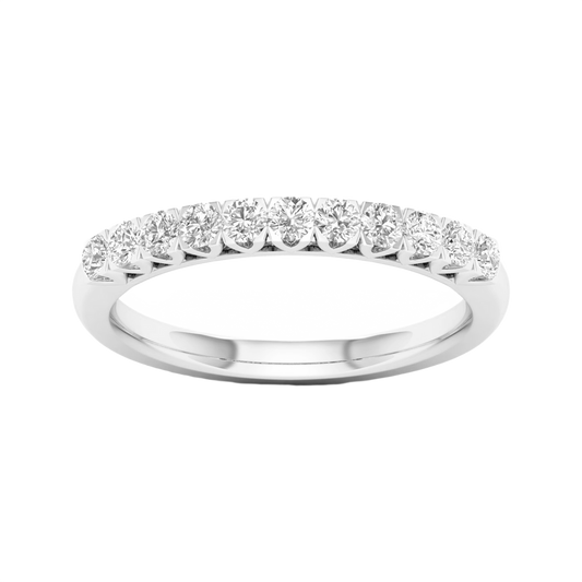 A refined 14k white gold half eternity ring showcasing a shimmering row of premium round-cut lab-grown diamonds.