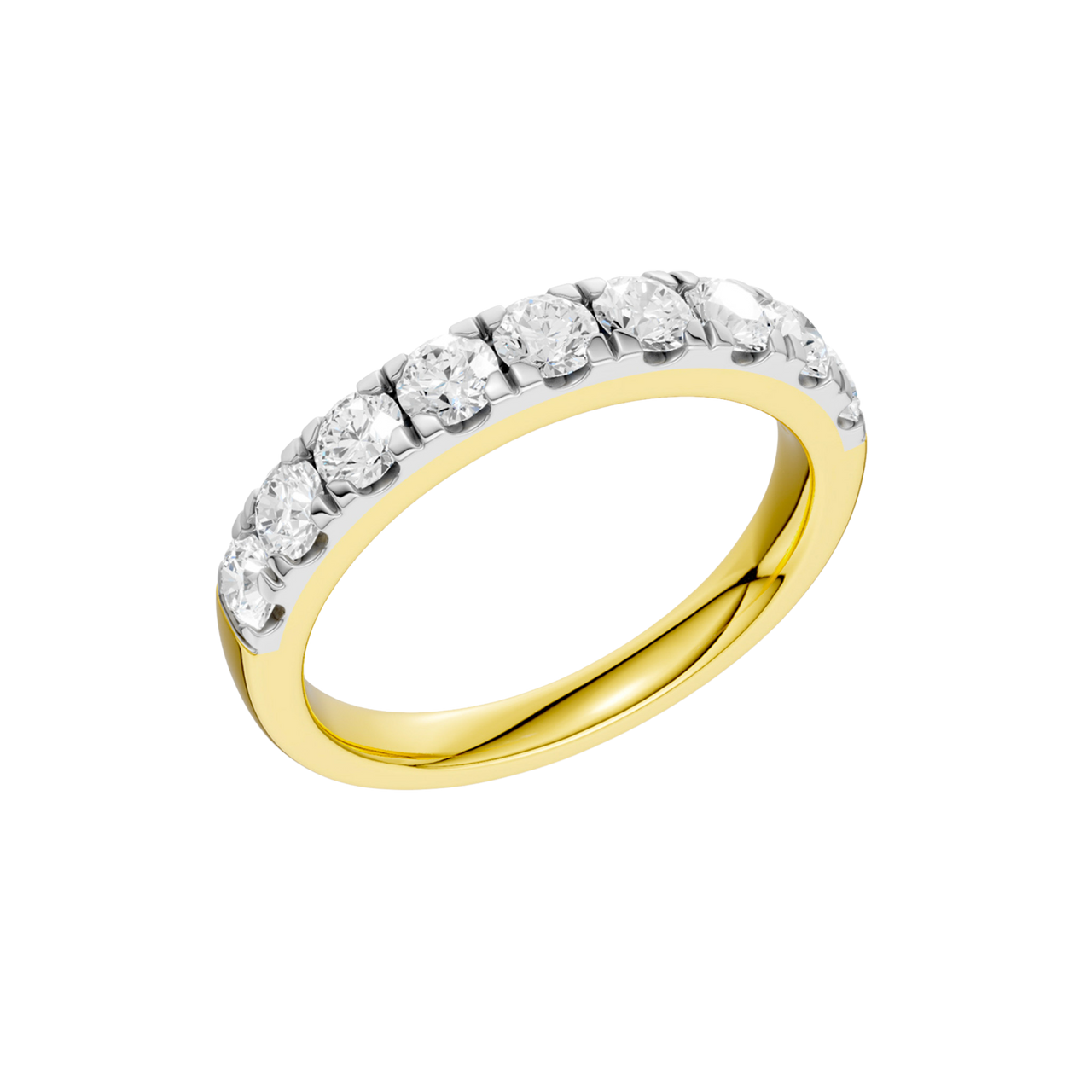An angled view of a 14K yellow gold ring, showcasing the continuous sparkle of the rectangular diamonds.