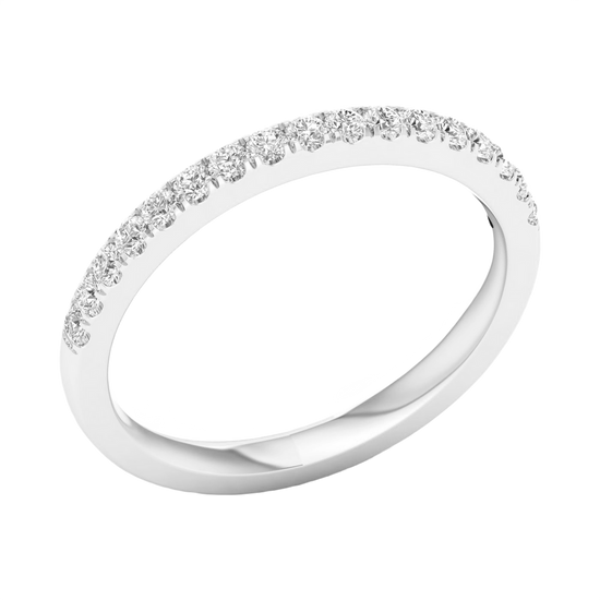 A refined 14k white gold half eternity ring showcasing a shimmering row of premium round-cut lab-grown diamonds for a sleek, monochromatic glow.