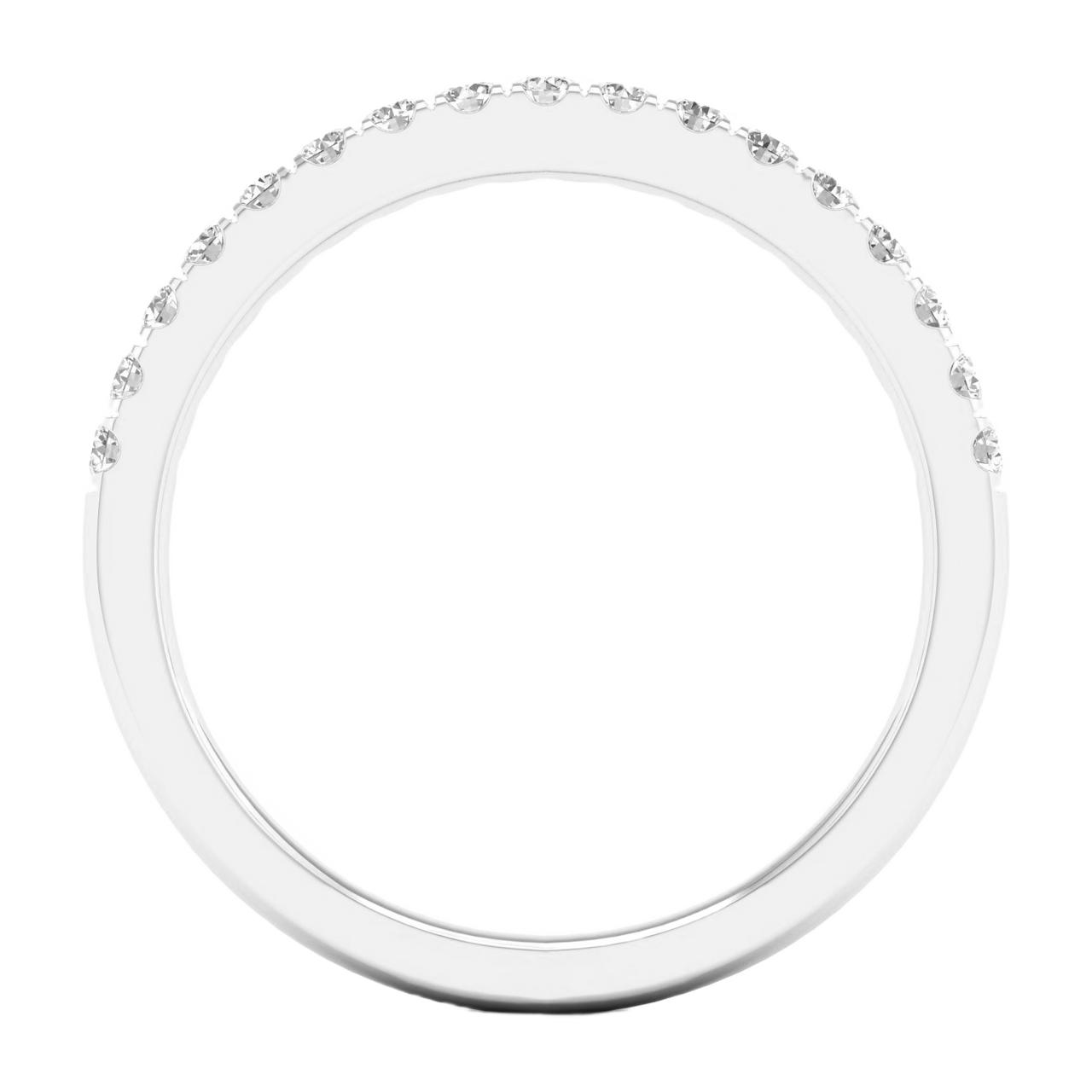 A refined 14k white gold half eternity ring showcasing a shimmering row of premium round-cut lab-grown diamonds for a sleek, monochromatic glow.