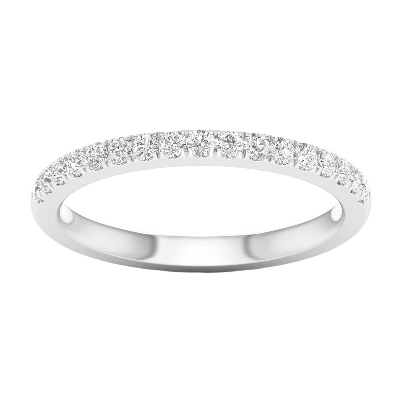 A refined 14k white gold half eternity ring showcasing a shimmering row of premium round-cut lab-grown diamonds for a sleek, monochromatic glow.