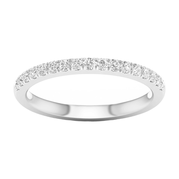 A refined 14k white gold half eternity ring showcasing a shimmering row of premium round-cut lab-grown diamonds for a sleek, monochromatic glow.