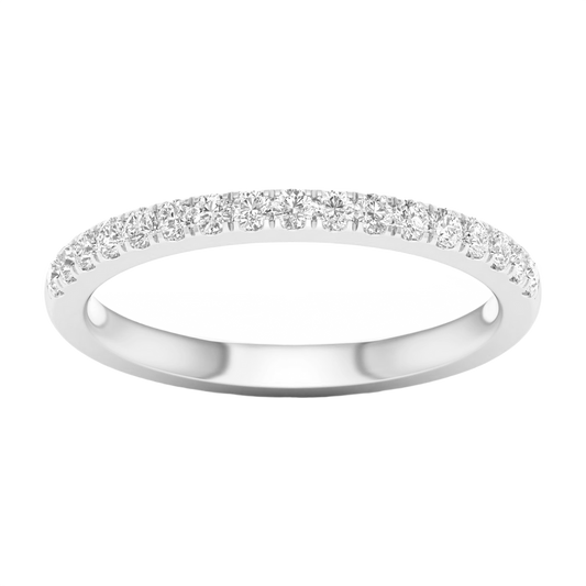 A refined 14k white gold half eternity ring showcasing a shimmering row of premium round-cut lab-grown diamonds for a sleek, monochromatic glow.