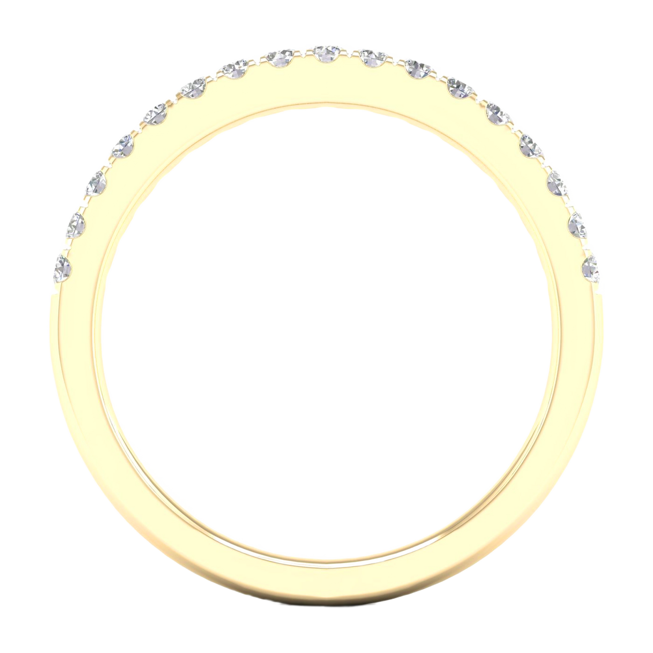 A delicate 14k yellow gold wedding band featuring 0.25 total carats of radiant round-cut lab-grown diamonds in a classic half eternity setting.