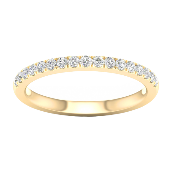 A delicate 14k yellow gold wedding band featuring 0.25 total carats of radiant round-cut lab-grown diamonds in a classic half eternity setting.