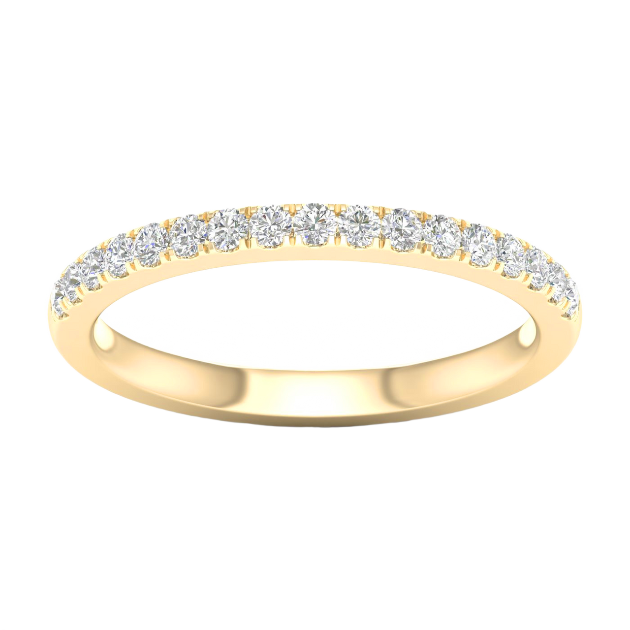 A delicate 14k yellow gold wedding band featuring 0.25 total carats of radiant round-cut lab-grown diamonds in a classic half eternity setting.