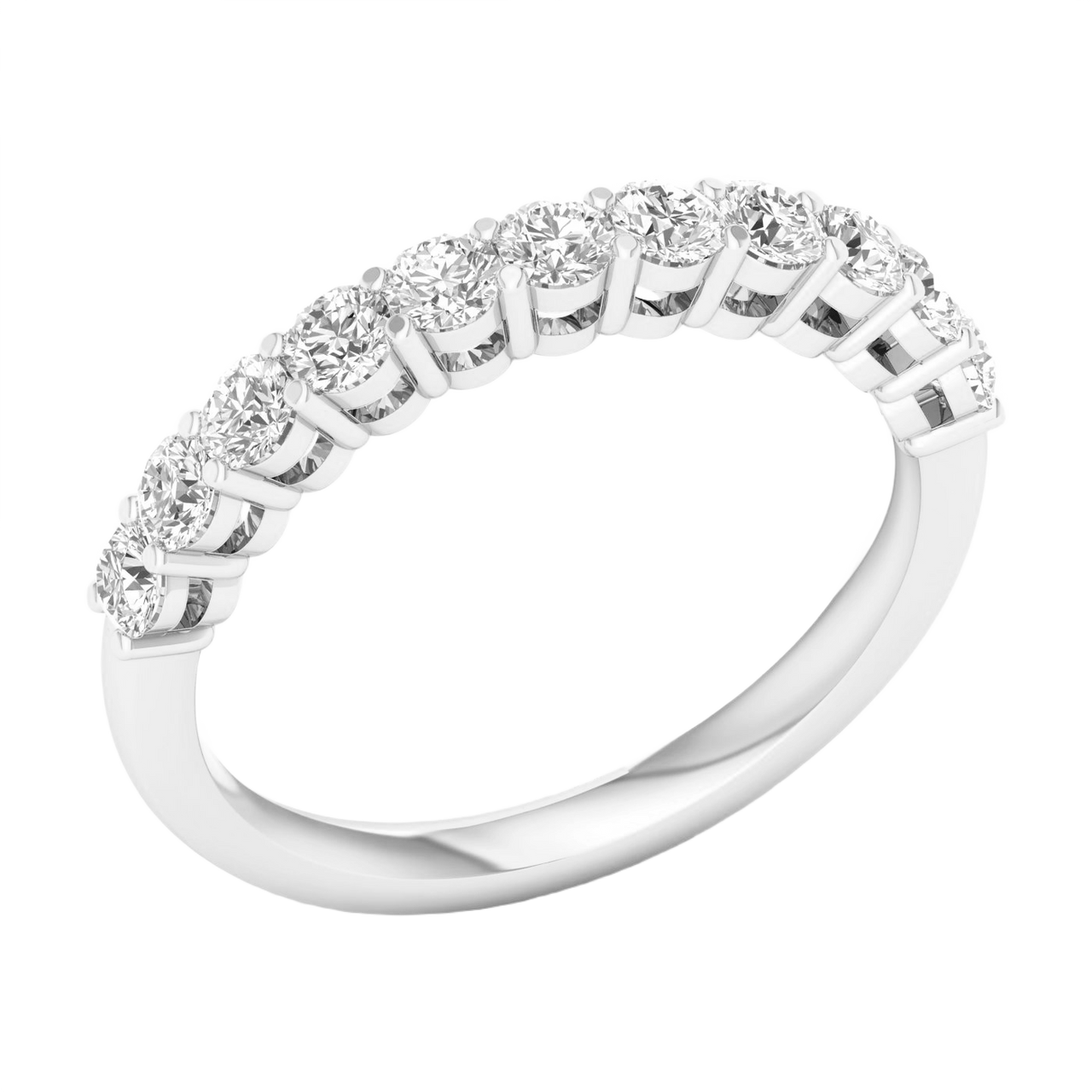 A brilliant 14k white gold half eternity ring showcasing a shimmering row of premium round-cut lab-grown diamonds.