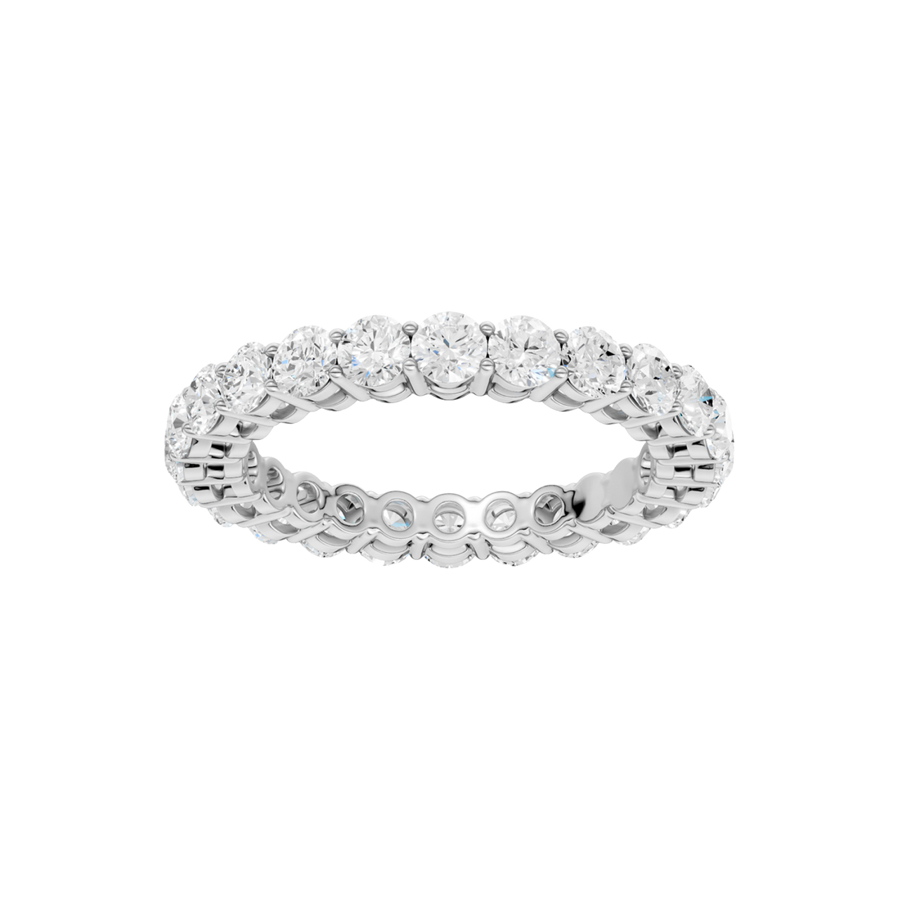 A top-down view of a 14K white gold eternity band with a continuous line of brilliant oval jewels.