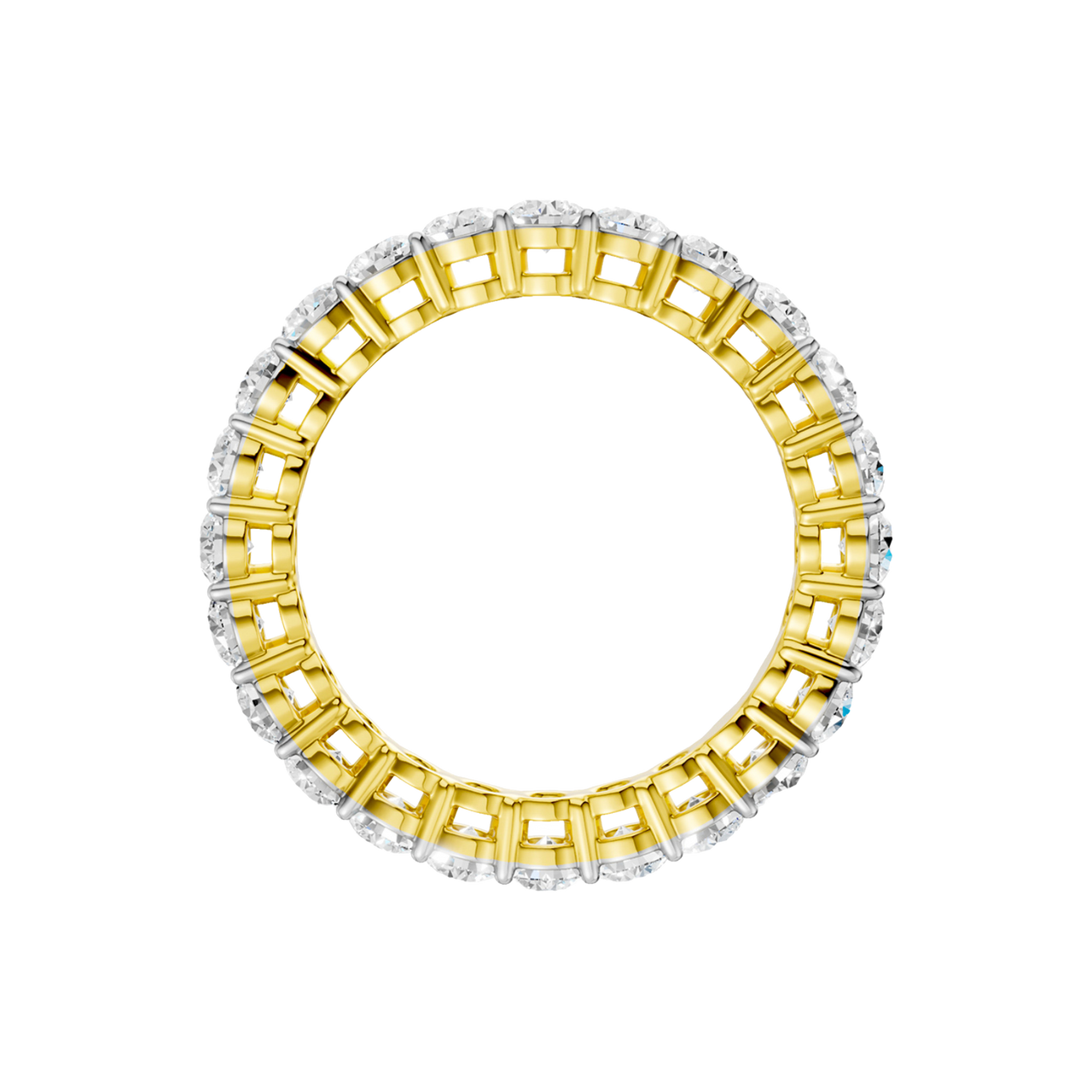 A  front-profile view of a 14K yellow gold eternity band, showcasing the elevated settings of the oval jewels.
