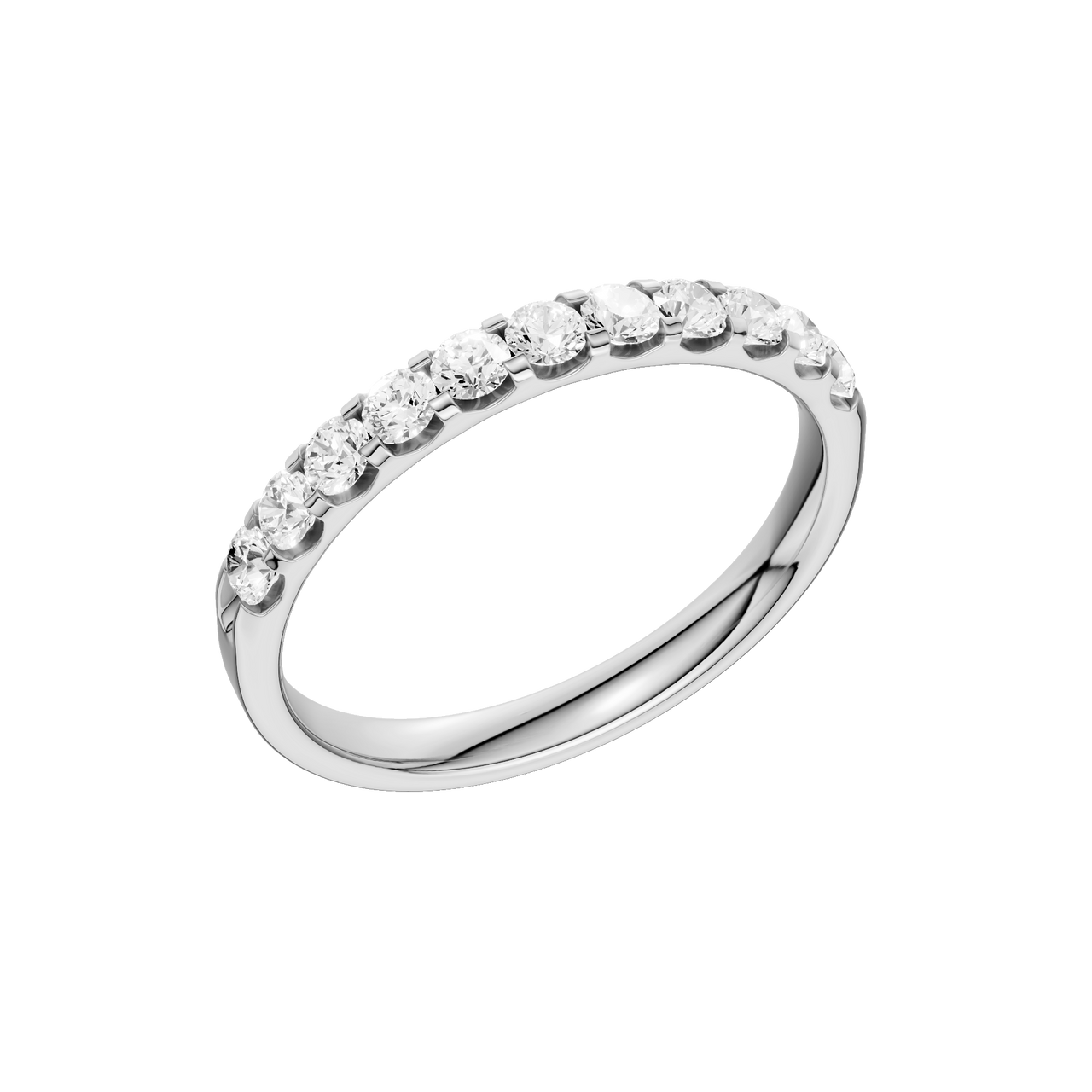 A slender 14k white gold half eternity ring showcasing a shimmering row of premium round-cut lab-grown diamonds.
