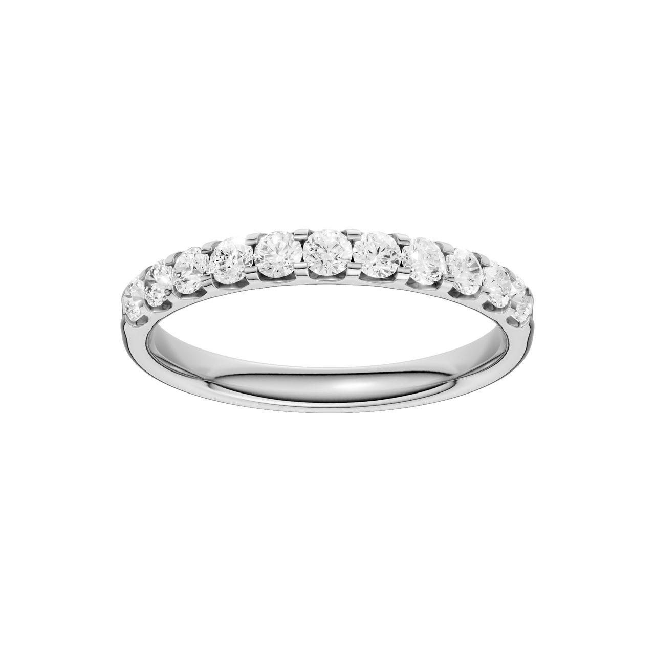 A slender 14k white gold half eternity ring showcasing a shimmering row of premium round-cut lab-grown diamonds.