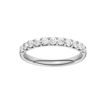 A slender 14k white gold half eternity ring showcasing a shimmering row of premium round-cut lab-grown diamonds.