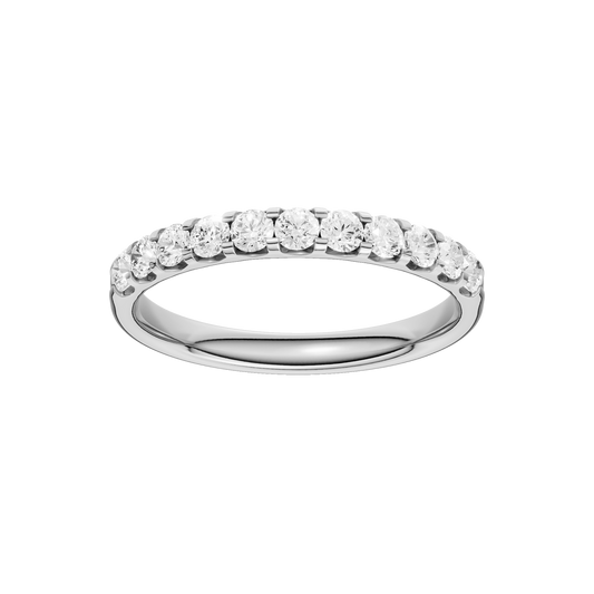 A slender 14k white gold half eternity ring showcasing a shimmering row of premium round-cut lab-grown diamonds.