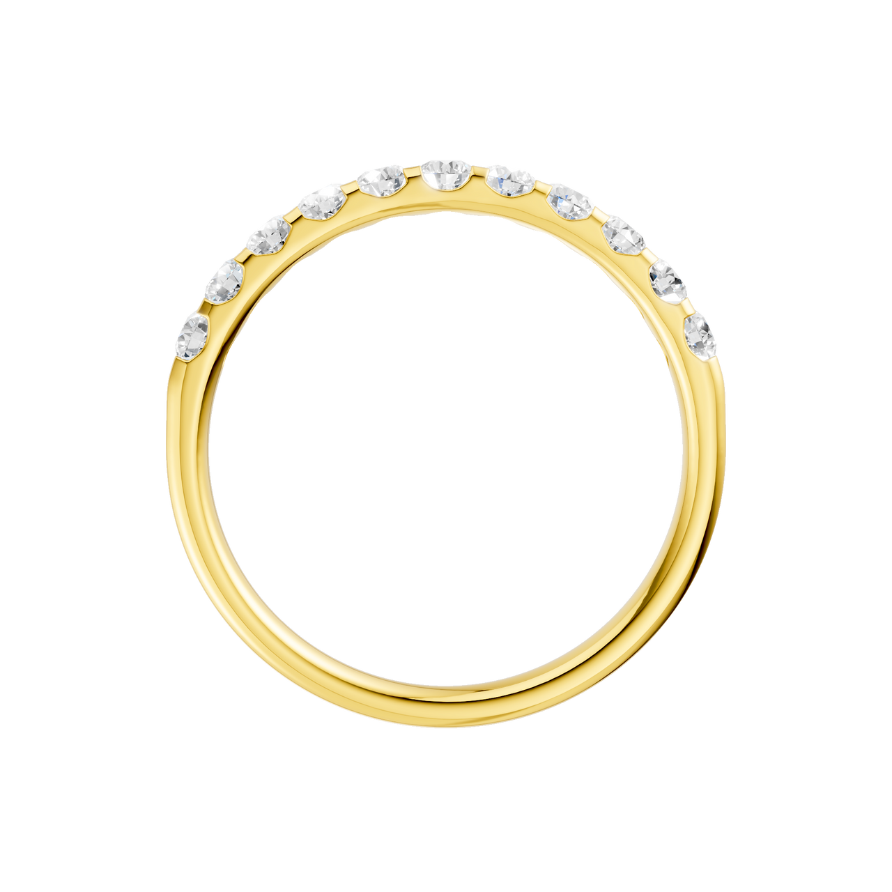 A dainty 14k yellow gold wedding band featuring 0.50 total carats of round-cut lab-grown diamonds in a classic half eternity setting.