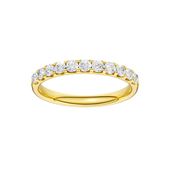 A dainty 14k yellow gold wedding band featuring 0.50 total carats of round-cut lab-grown diamonds in a classic half eternity setting.