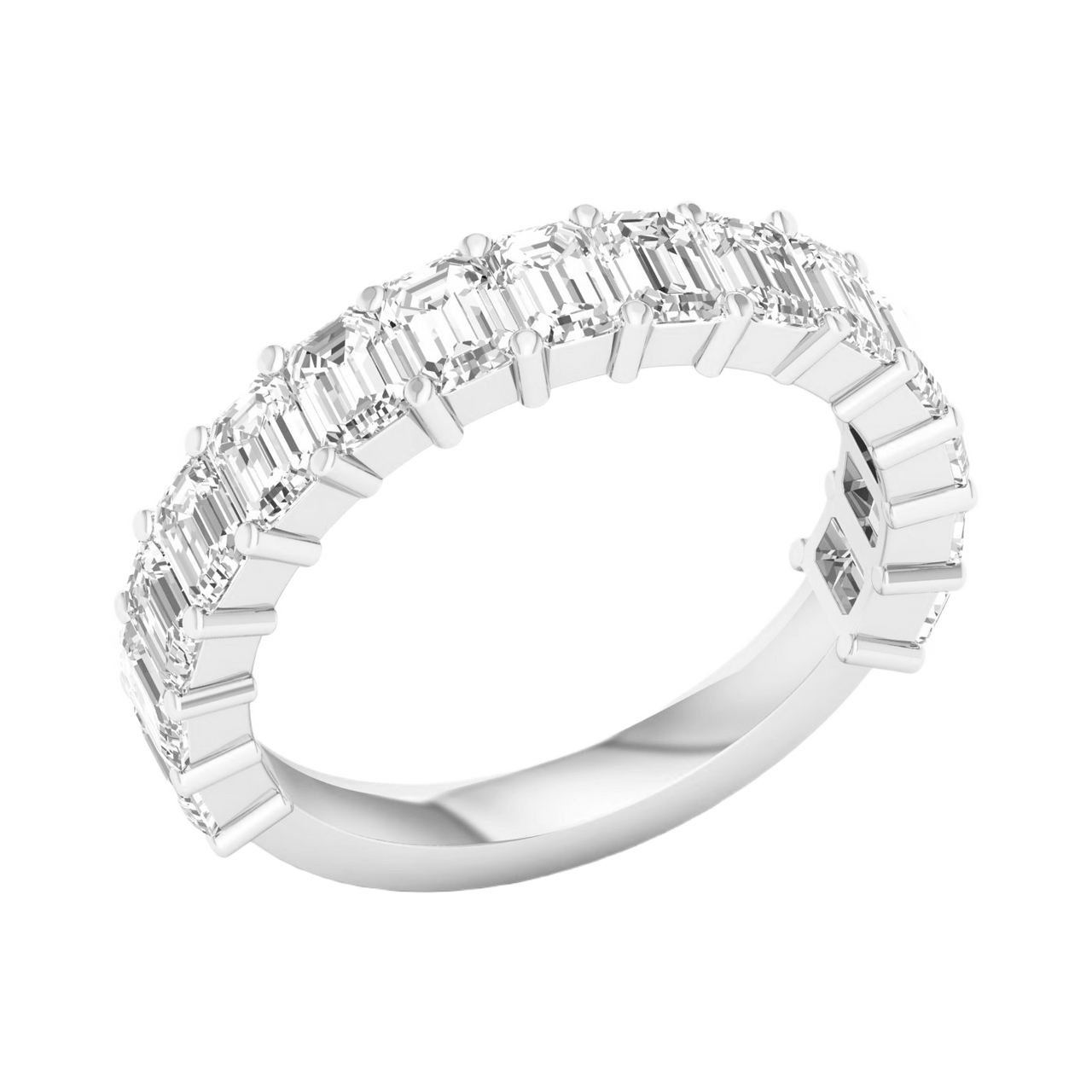 A luxurious 14k white gold anniversary band showcasing a continuous row of premium 3.0cttw emerald-cut diamonds for a sophisticated, icy glow.