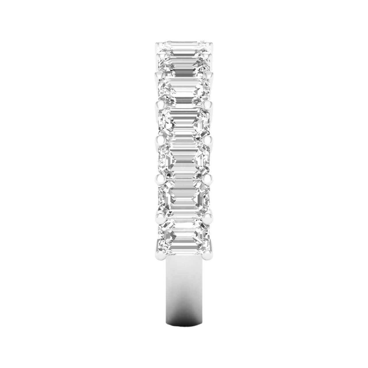 A luxurious 14k white gold anniversary band showcasing a continuous row of premium 3.0cttw emerald-cut diamonds for a sophisticated, icy glow.