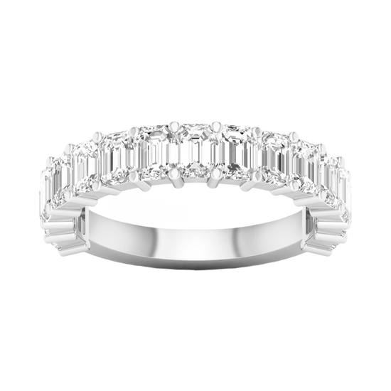 A luxurious 14k white gold anniversary band showcasing a continuous row of premium 3.0cttw emerald-cut diamonds for a sophisticated, icy glow.
