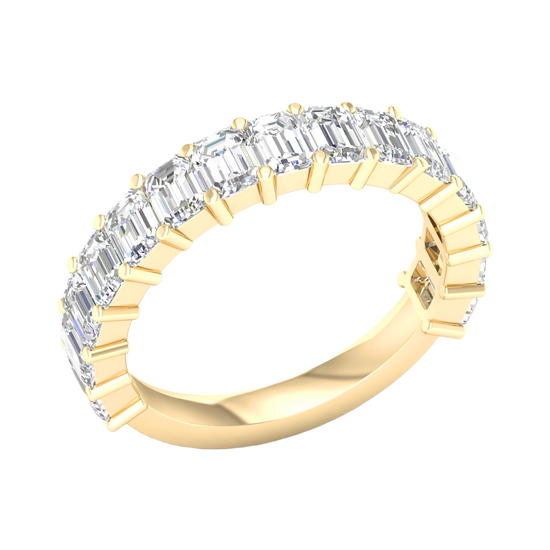 A breathtaking 14k yellow gold 2/3 eternity wedding band featuring 3.0 total carats of shimmering emerald-cut lab-grown diamonds.