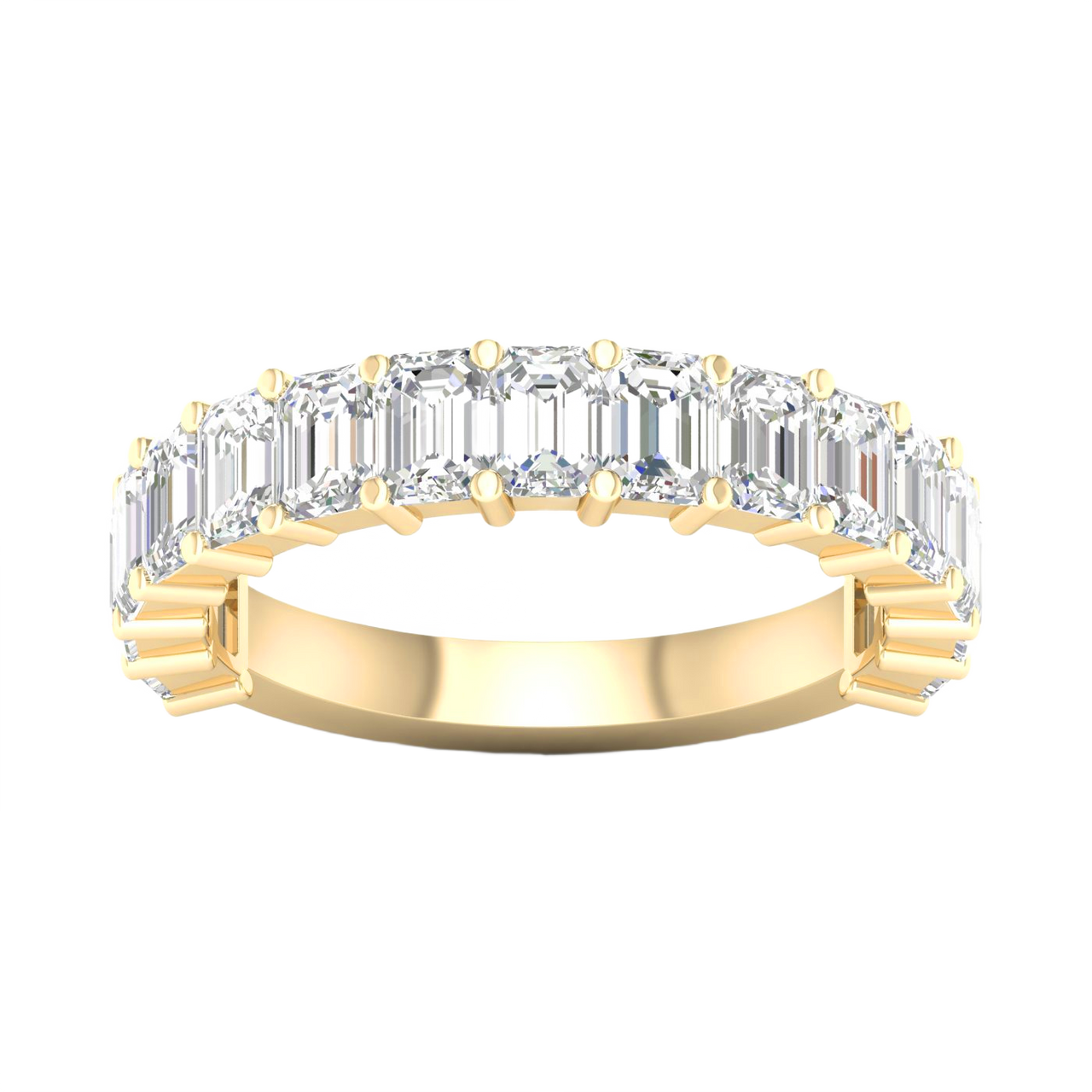 A breathtaking 14k yellow gold 2/3 eternity wedding band featuring 3.0 total carats of shimmering emerald-cut lab-grown diamonds.
