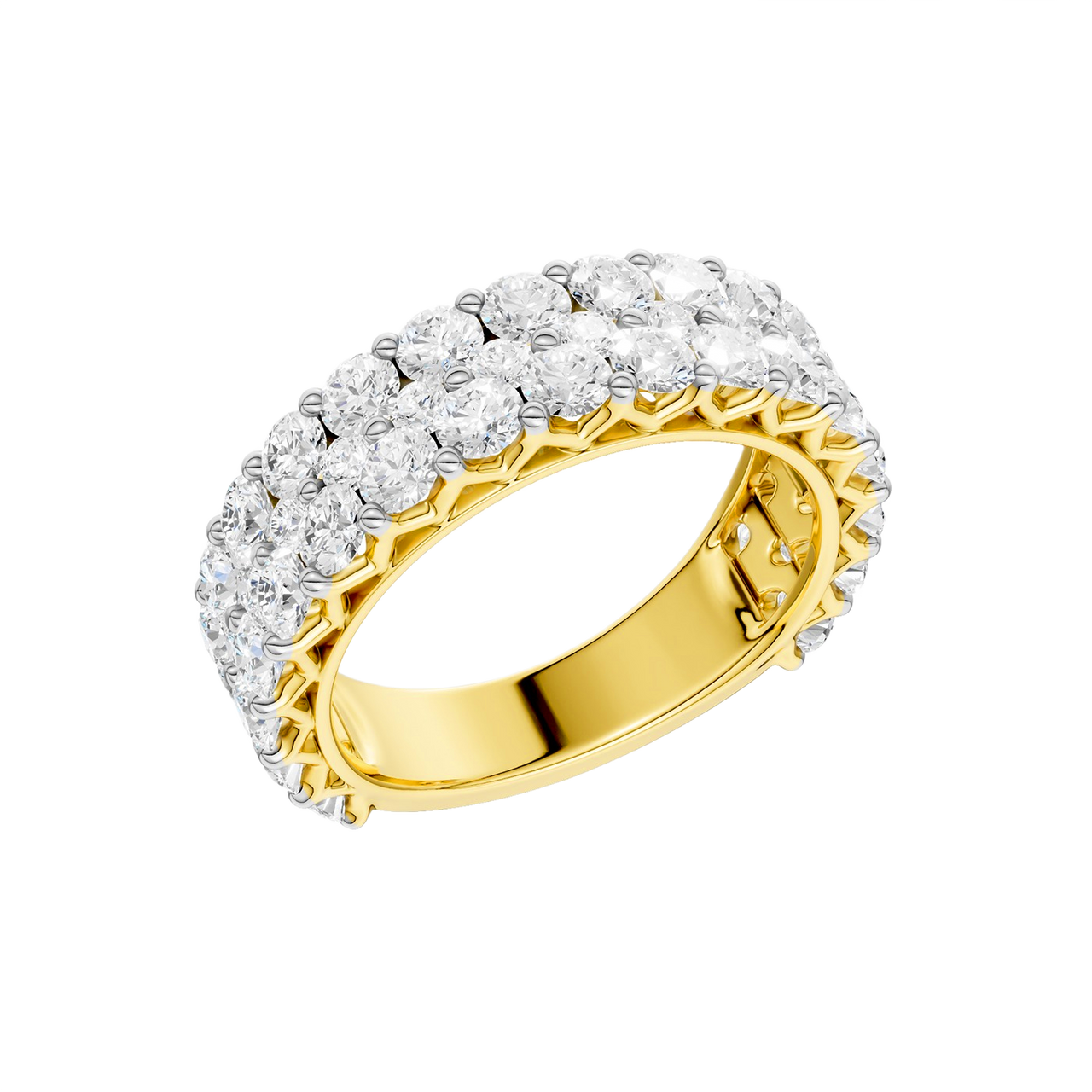 A breathtaking 14k yellow gold full eternity band featuring two rows of shimmering round-cut lab-grown diamonds totaling 3.0 carats.