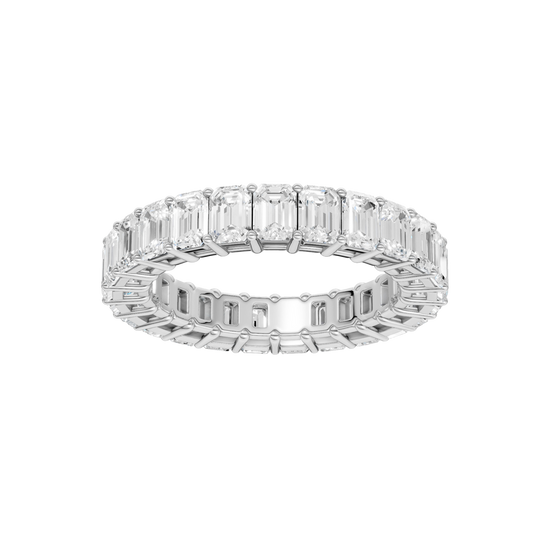 A top-down view of a 14K white gold eternity band with a continuous line of bold, horizontally-set rectangular jewels.
