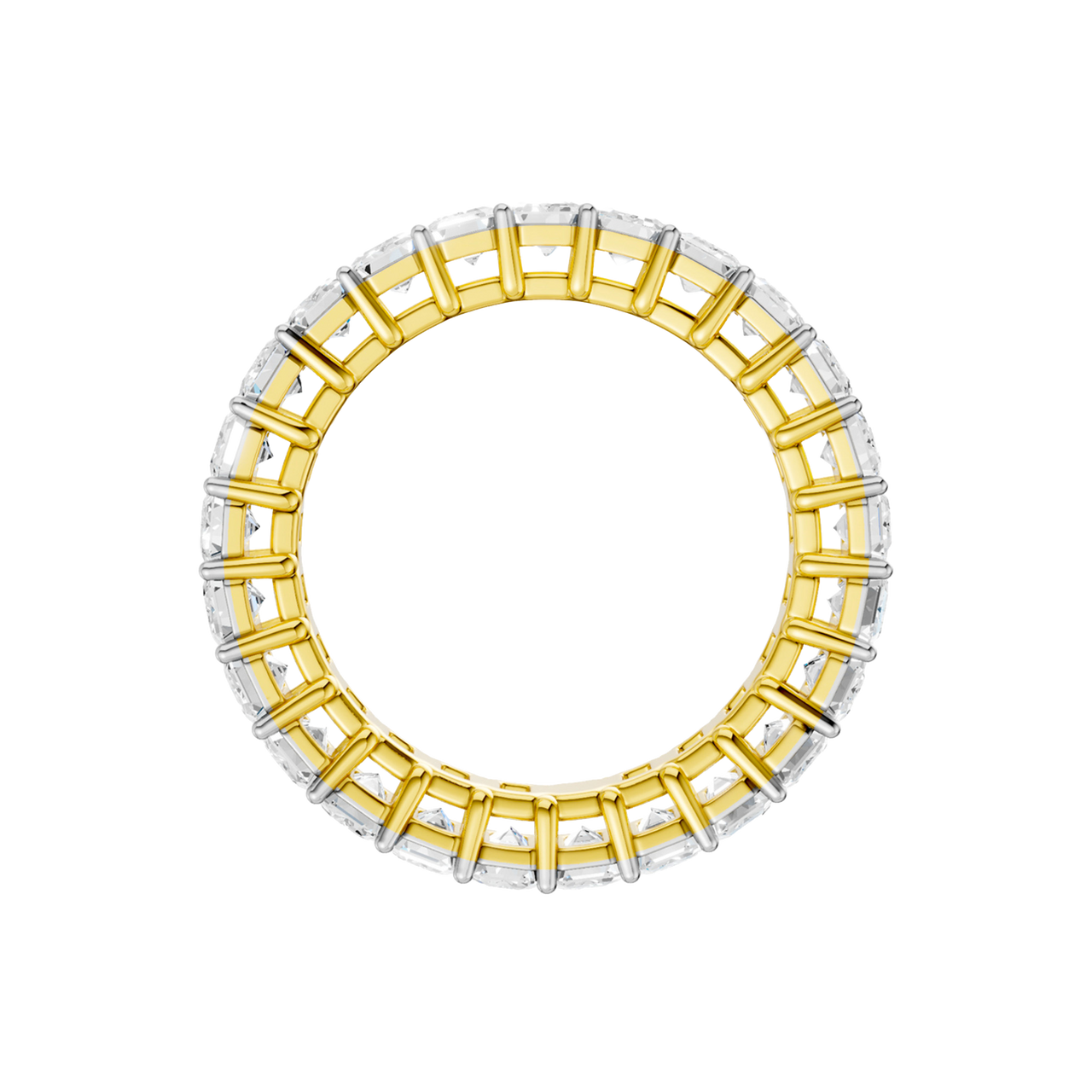A front view of a 14K yellow gold eternity ring, showcasing sparkling rectangular gemstones.
