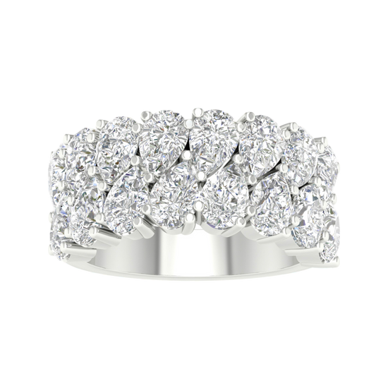 A top-down view of a 14K white gold wide, domed ring with a continuous pavé diamond design.