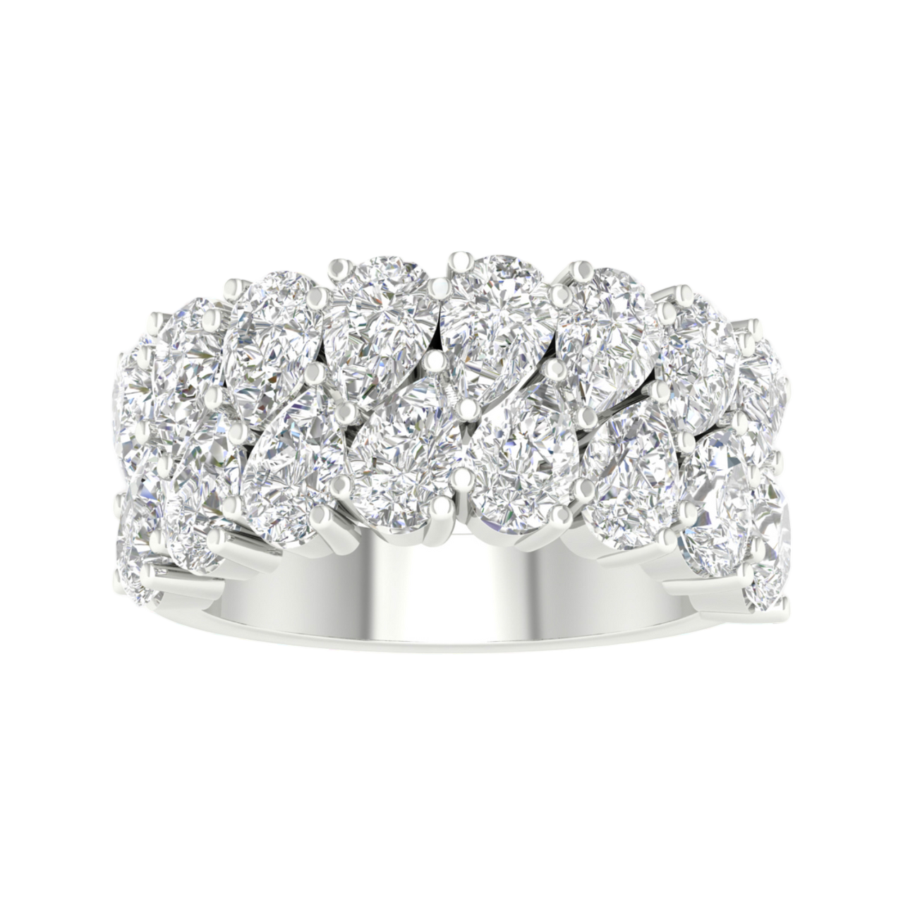 A top-down view of a 14K white gold wide, domed ring with a continuous pavé diamond design.