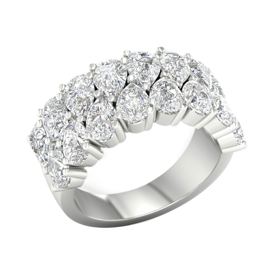 An angled view of a 14K white gold wide, domed ring, showcasing the magnificent, dense pavé.