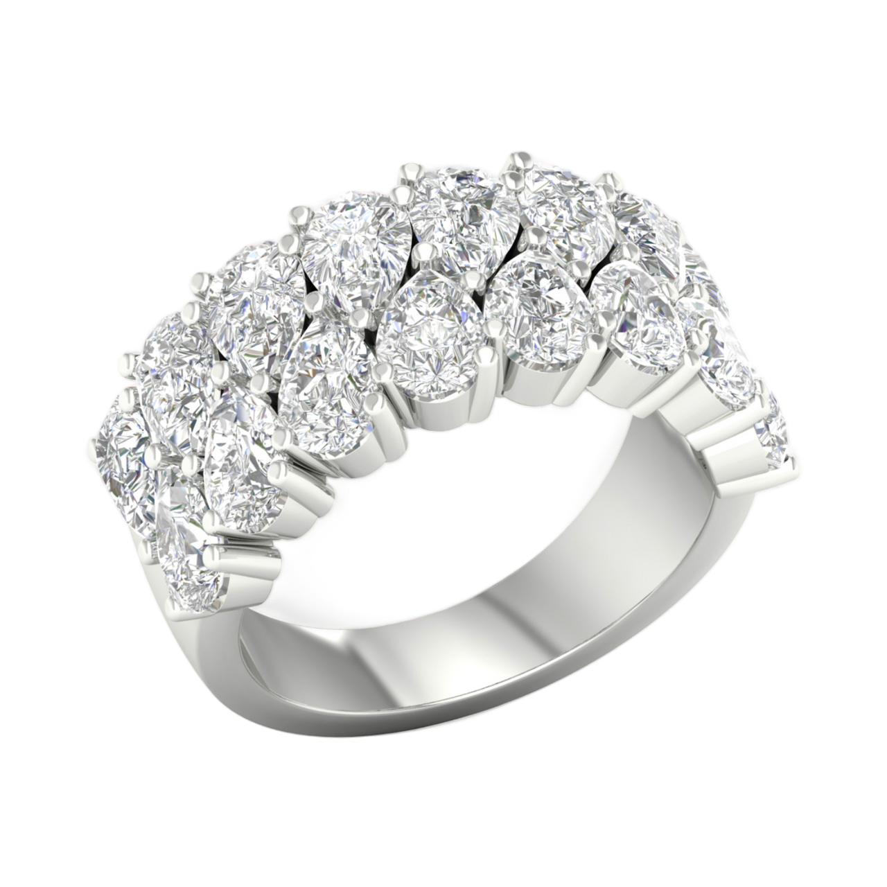 An angled view of a 14K white gold wide, domed ring, showcasing the magnificent, dense pavé.
