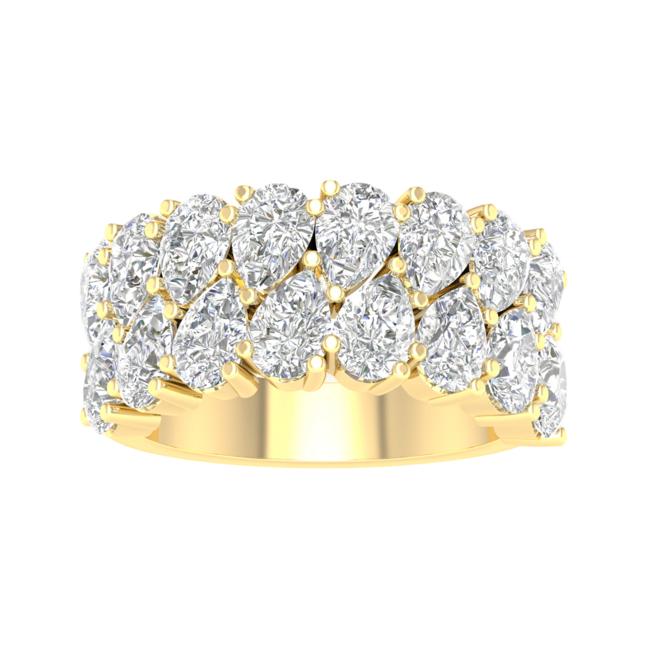 A top-down view of a 14K yellow gold wide, domed ring with a continuous pavé diamond design.