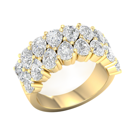 An angled view of a 14K yellow gold wide, domed ring, showcasing the magnificent, dense pavé.