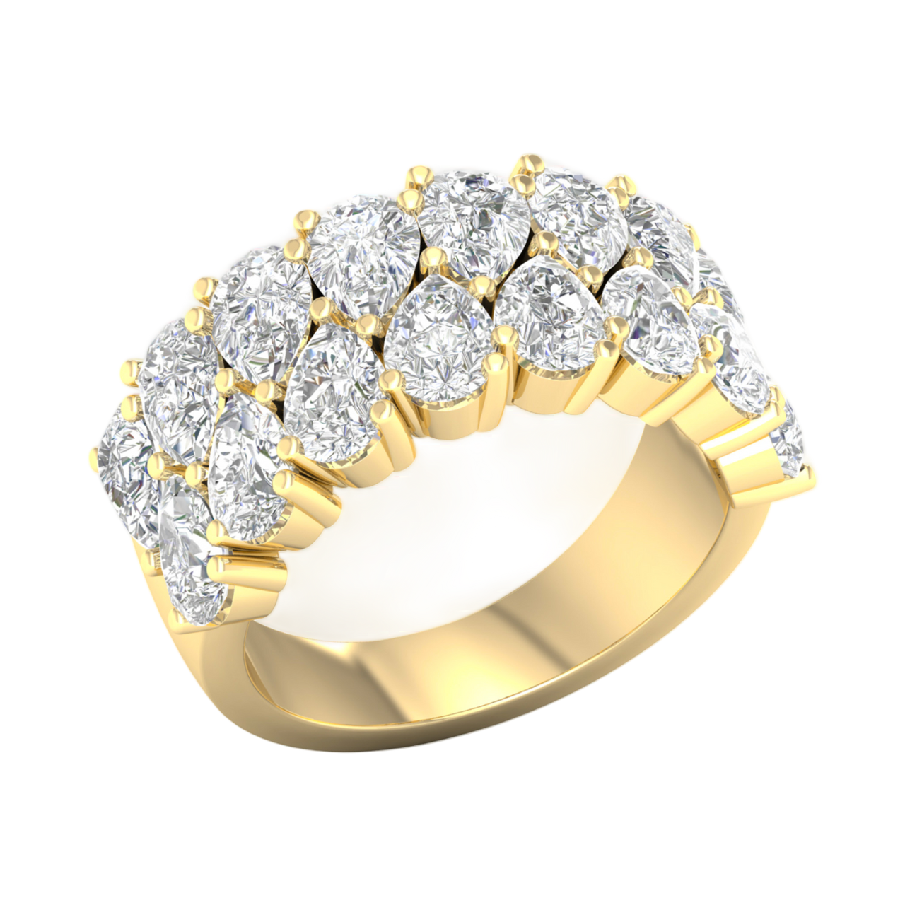 An angled view of a 14K yellow gold wide, domed ring, showcasing the magnificent, dense pavé.