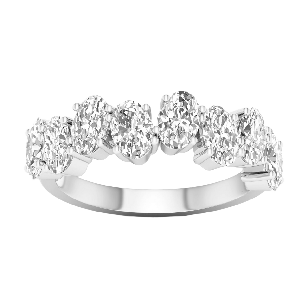 A brilliant 14k white gold anniversary band showcasing a continuous row of premium 2.0cttw oval-cut lab-grown diamonds.