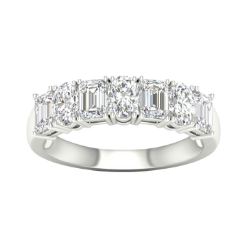 A top-down view of a 14K white gold eternity ring with a continuous line of bold, horizontally-set emerald-cut diamonds.