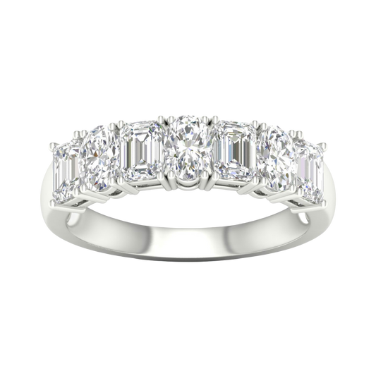 A top-down view of a 14K white gold eternity ring with a continuous line of bold, horizontally-set emerald-cut diamonds.