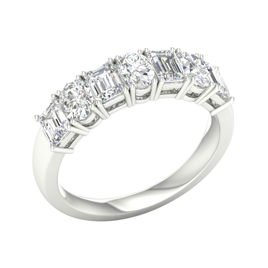 An angled view of a 14K white gold eternity ring, showcasing the magnificent line of diamonds.