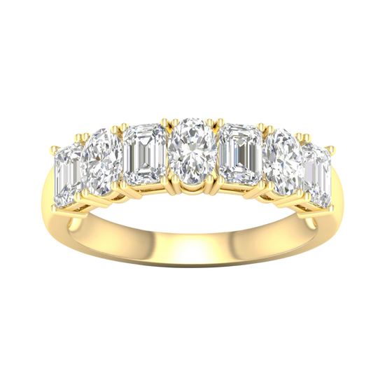 A top-down view of a 14K yellow gold eternity ring with a continuous line of bold, horizontally-set emerald-cut diamonds.